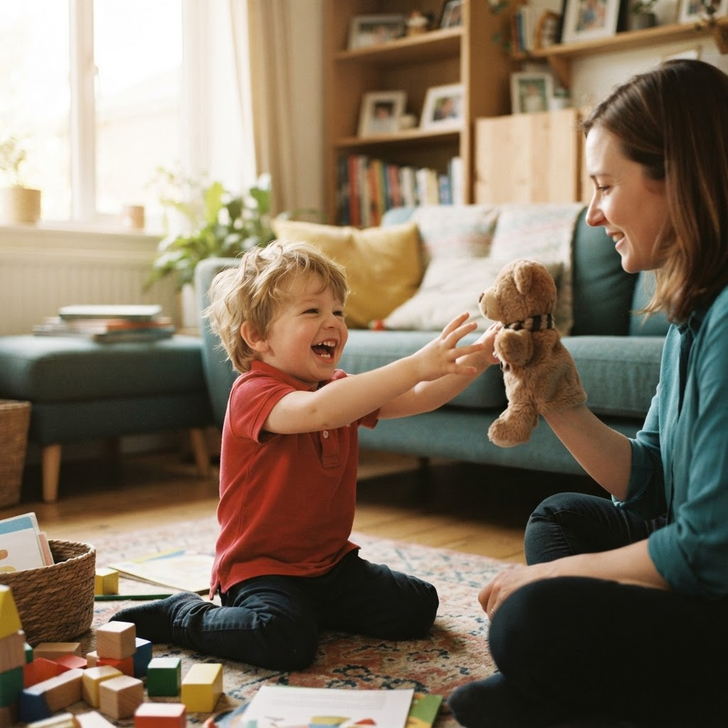 A joyful child playing during an in-home speech therapy session
