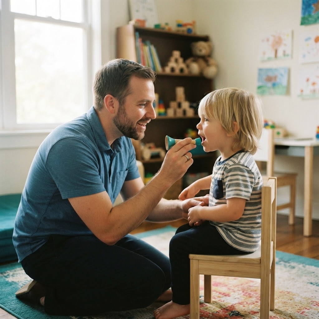 A speech therapist working one-on-one with a young child