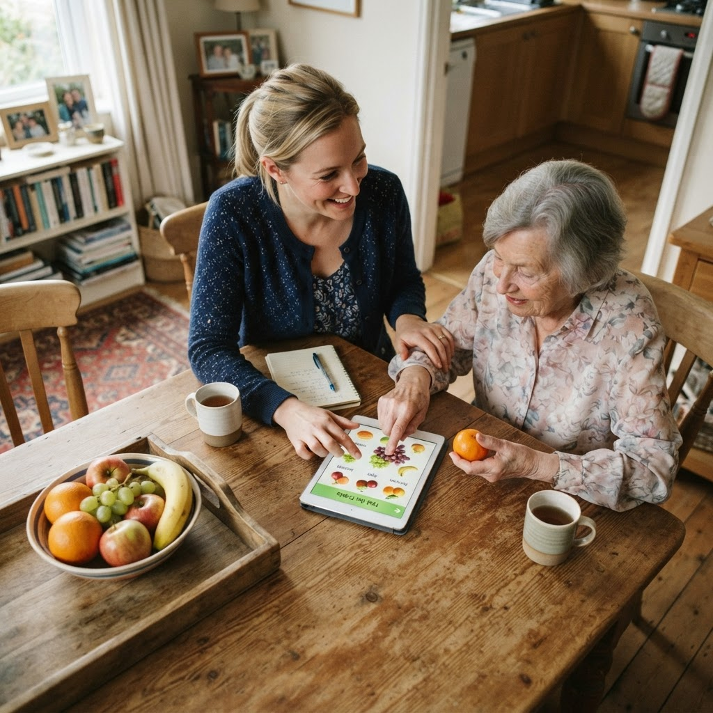 An in-home therapy session at a family dining table