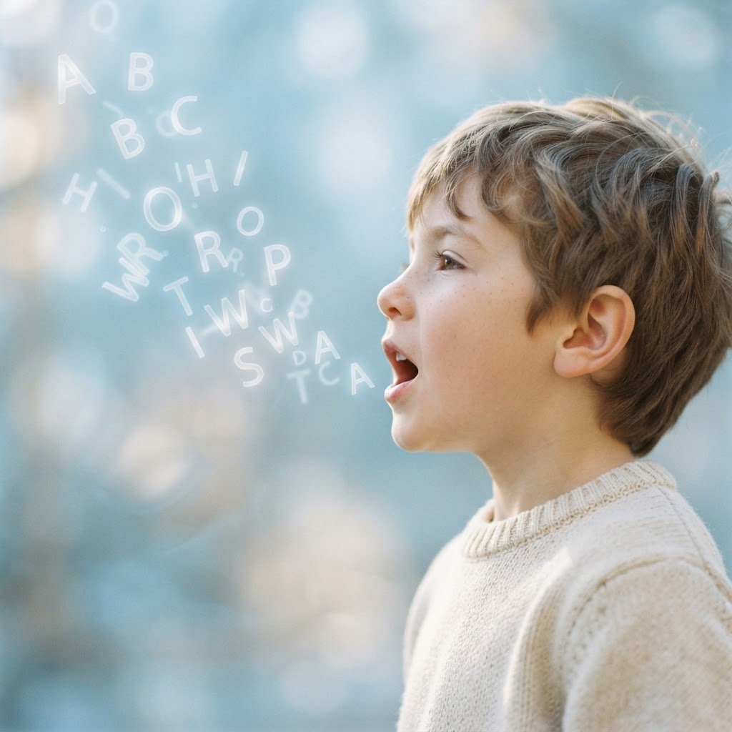 A child speaking with alphabet letters gently floating outward
